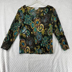 Alberto Makali‎ Top Floral Paisley Sheer Long Sleeve Multicolor Accordian L